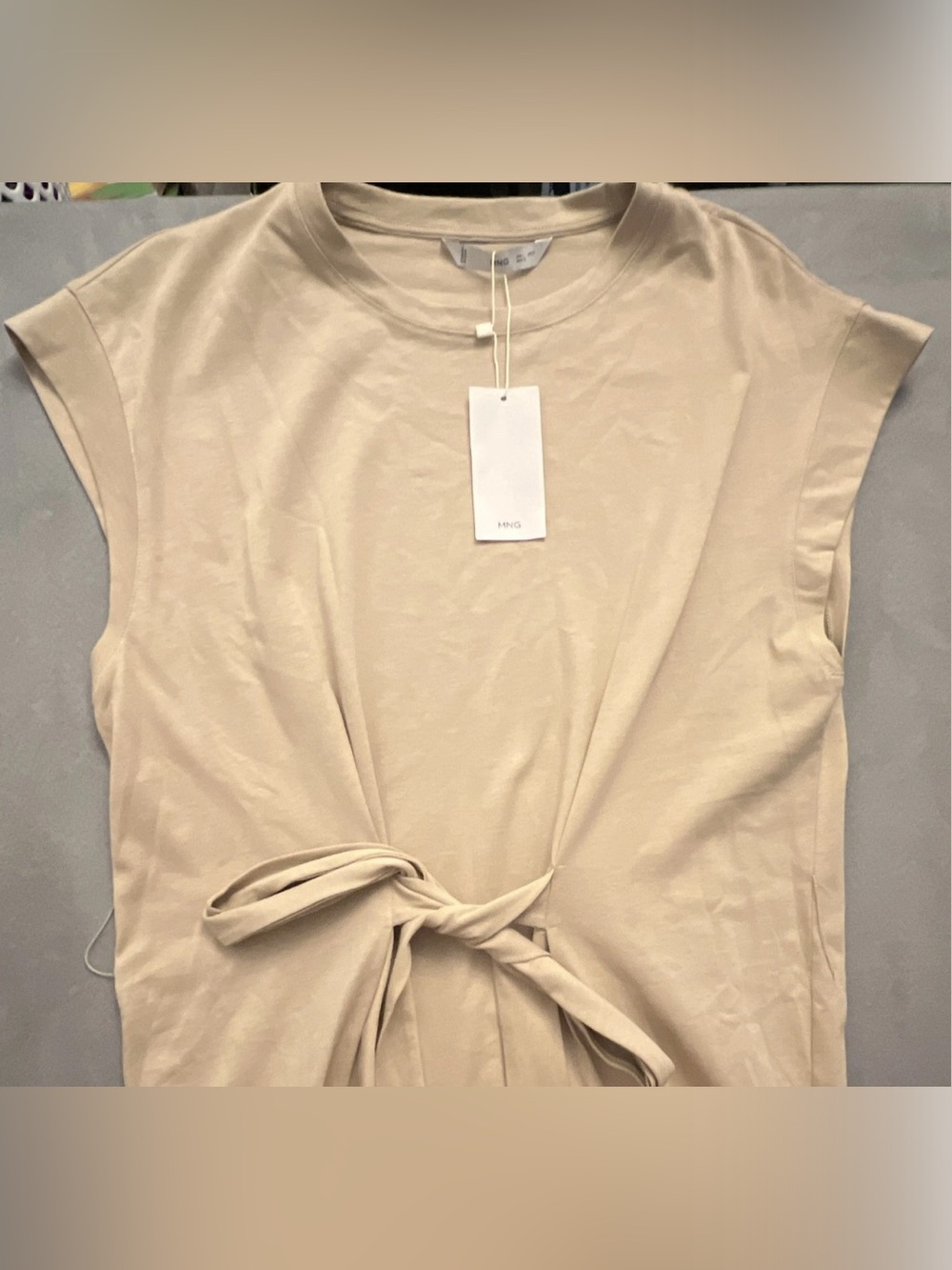 MNG Womens Beige Solid Knit Crew Neck Sleeveless Waist Tie Pullover shift  L